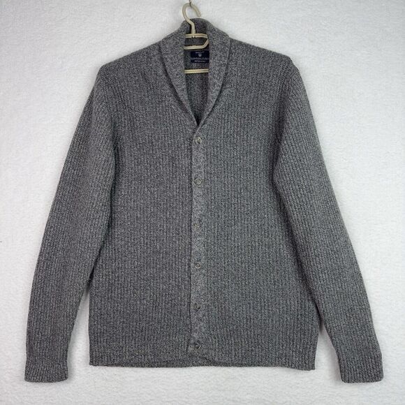 GANT Fisherman Cardigan Men 2XL Gray Lambswool Shawl Collar Grandpa Knit Sweater - Picture 1 of 15